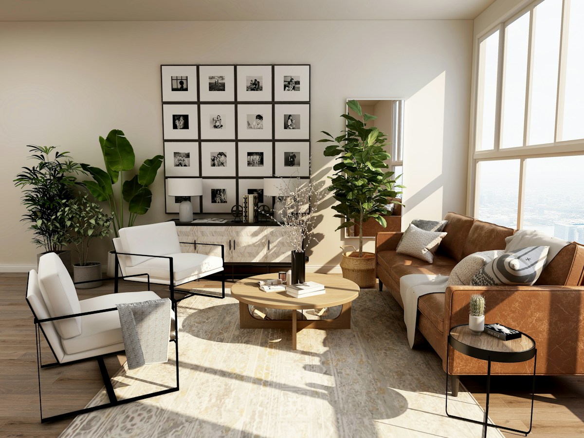 A welcoming living room with natural light and green plants; illustrative home photography
